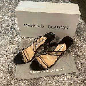 Manolo Blahnik Black Patent PVC Slide Heel 36.5